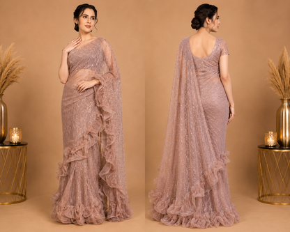 Dusty Rose Ruffle Net Saree with Sequin Embellished Designer Drape