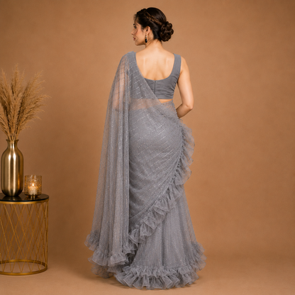 Moonstone Grey Ruffle Saree with Sequin Embellished Designer Drape