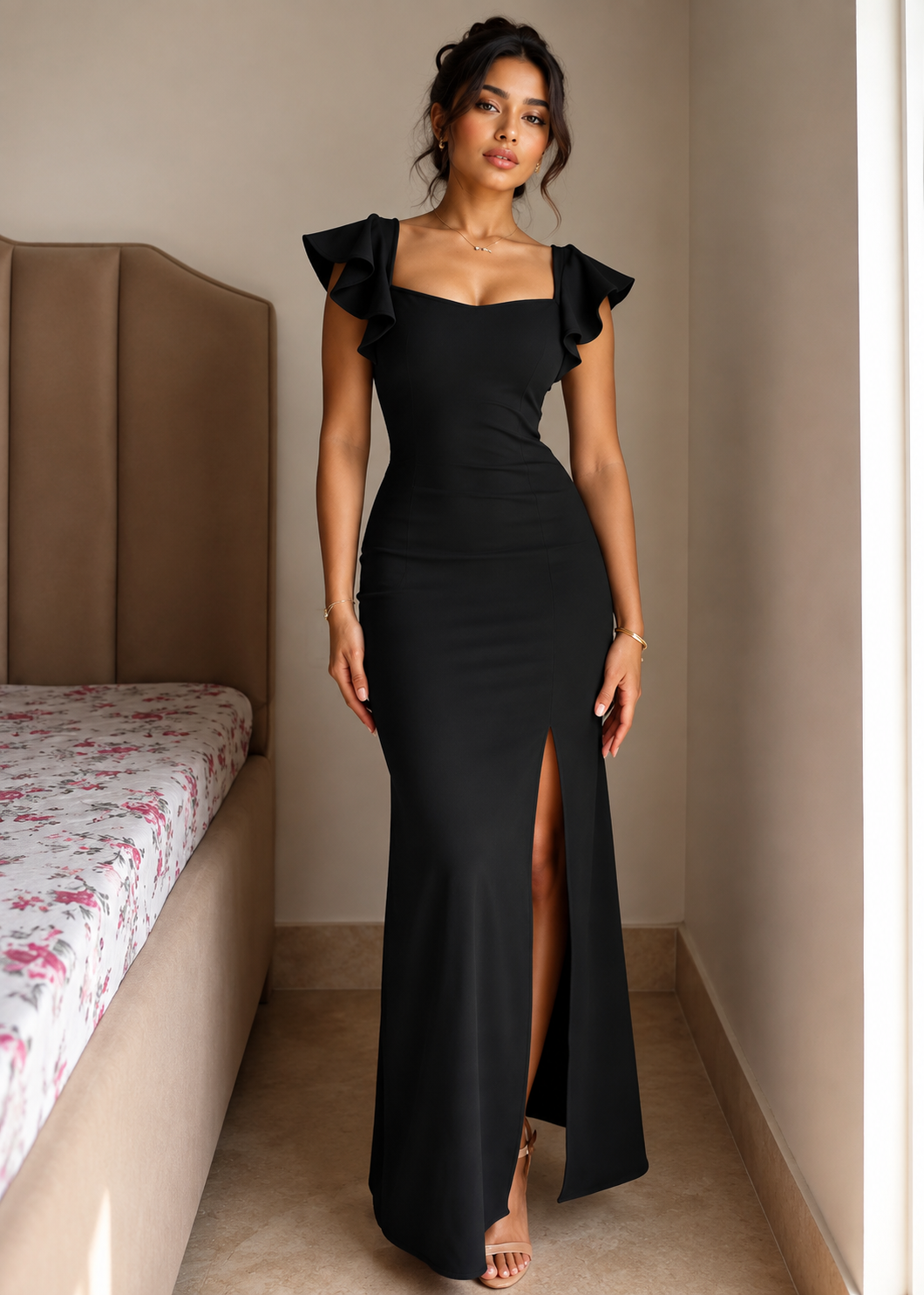Dyana Core Womens Elegant Black Ruffle Sleeve Bodycon Maxi Dress with Front Slit